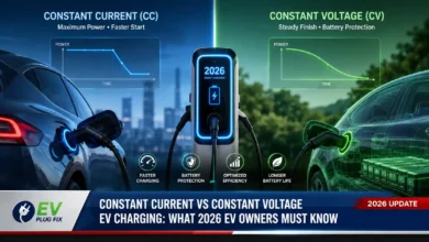Modern electric vehicle plugged into a DC fast charger showing CC-CV charging protocol in action