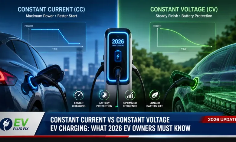 Modern electric vehicle plugged into a DC fast charger showing CC-CV charging protocol in action