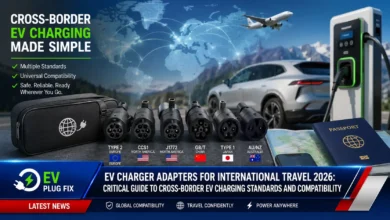 EV charger adapter connecting a CCS1 plug to a CCS2 charging station for international electric vehicle travel compatibility