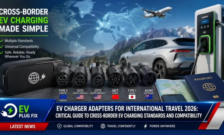 EV charger adapter connecting a CCS1 plug to a CCS2 charging station for international electric vehicle travel compatibility