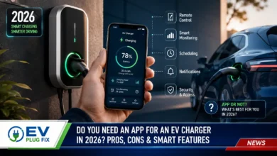 Smartphone displaying an EV charging app interface on a home wallbox charger for electric vehicles in 2026