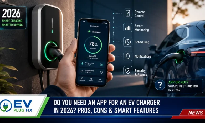 Smartphone displaying an EV charging app interface on a home wallbox charger for electric vehicles in 2026