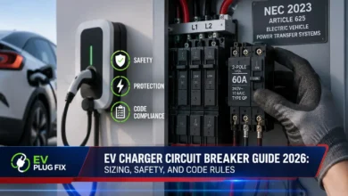 Modern electrical panel with dedicated circuit breaker for EV charger installation 2026