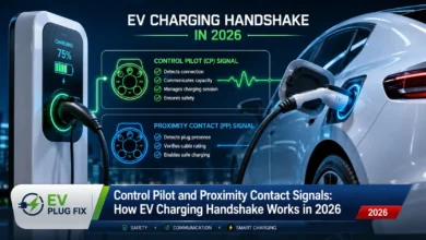SAE J1772 EV charger plug connected to a vehicle inlet showing the Control Pilot and Proximity Contact pins