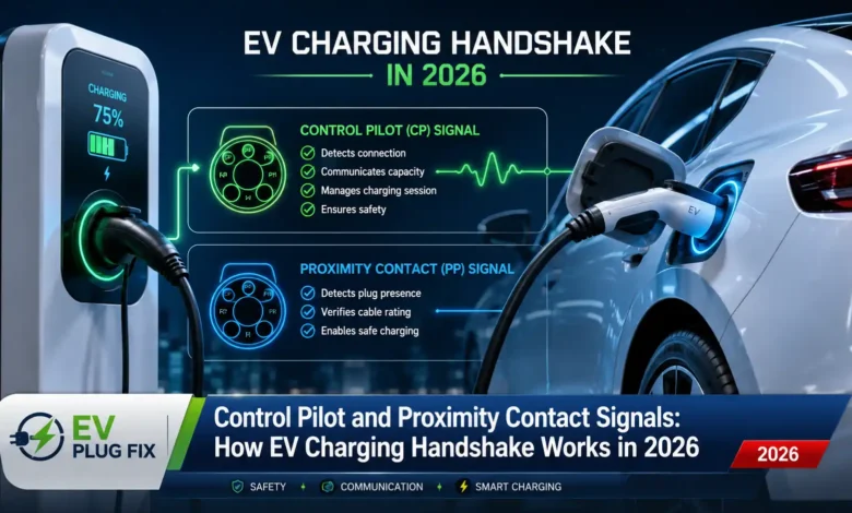 SAE J1772 EV charger plug connected to a vehicle inlet showing the Control Pilot and Proximity Contact pins