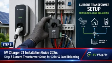 Electric vehicle charger current transformer installation step 5 with CT clamps attached to main grid connection for load balancing 2026