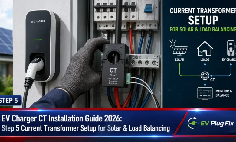 Electric vehicle charger current transformer installation step 5 with CT clamps attached to main grid connection for load balancing 2026