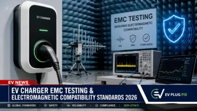 EV charger undergoing EMC radiated emissions testing in a modern anechoic chamber