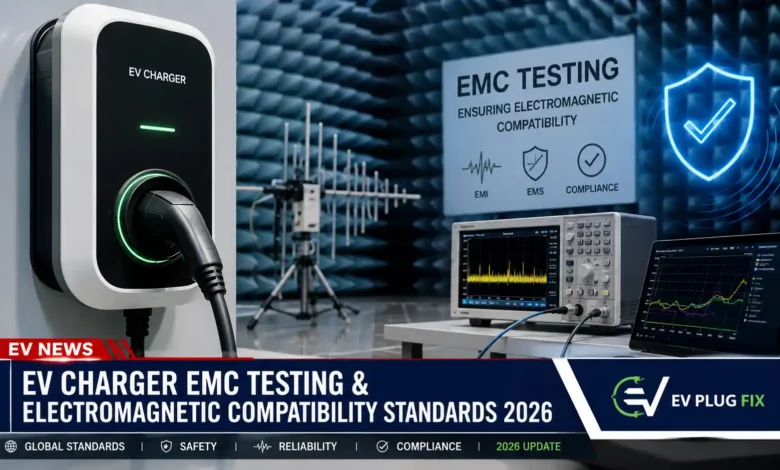 EV charger undergoing EMC radiated emissions testing in a modern anechoic chamber