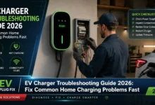 Modern EV charger wallbox installation with charging cable connected to electric vehicle at home charging station