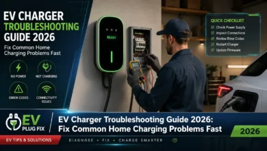 Modern EV charger wallbox installation with charging cable connected to electric vehicle at home charging station
