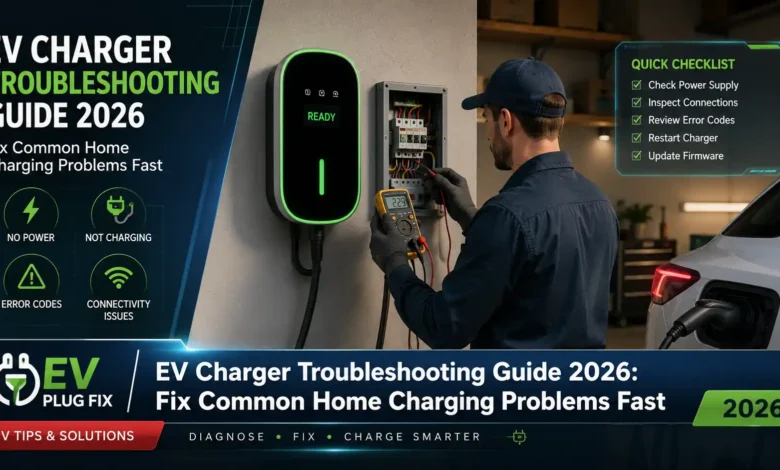 Modern EV charger wallbox installation with charging cable connected to electric vehicle at home charging station