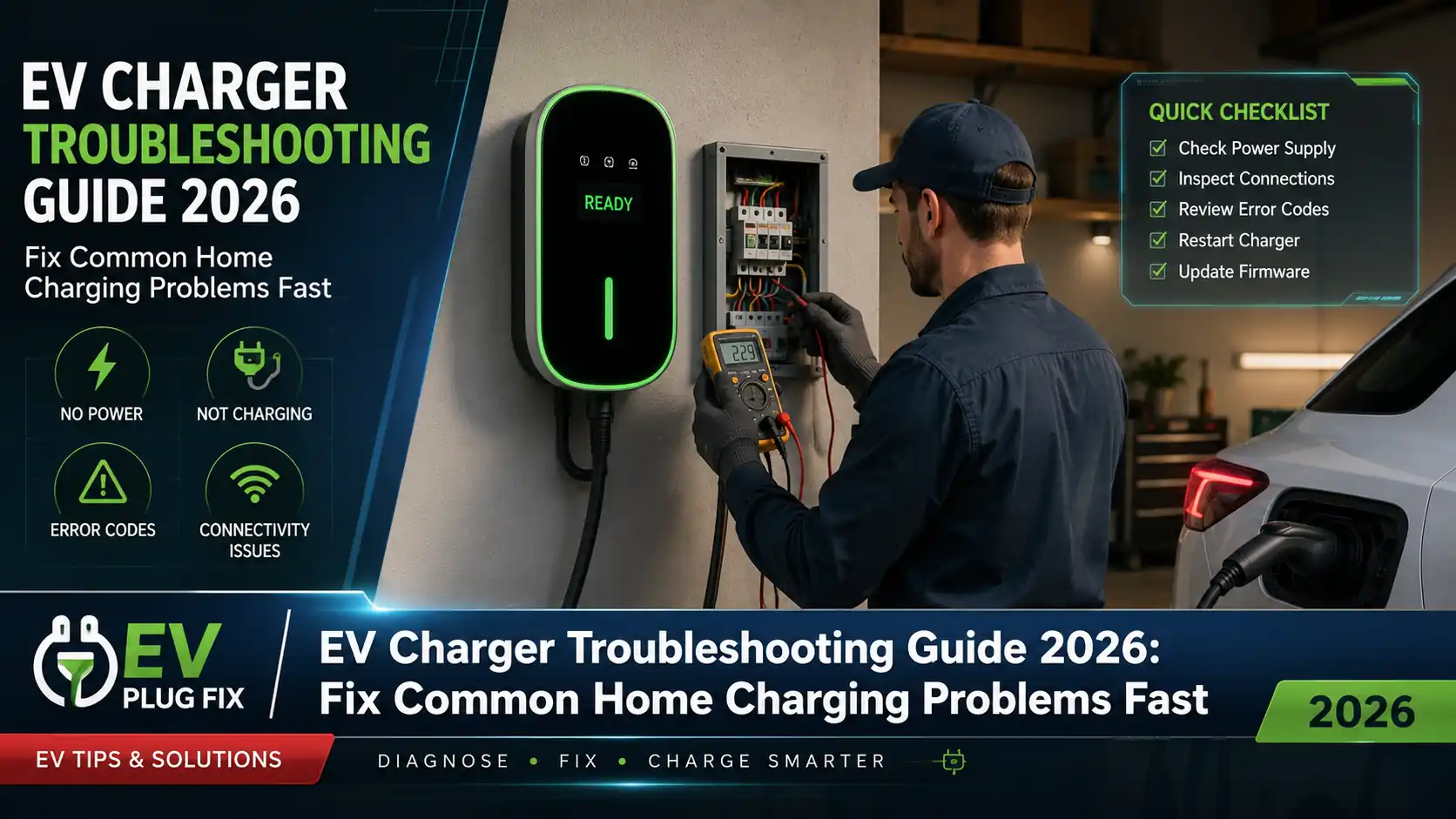 Modern EV charger wallbox installation with charging cable connected to electric vehicle at home charging station