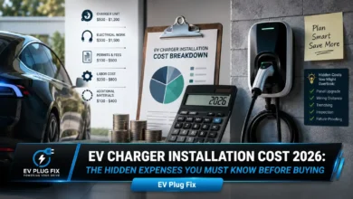 Modern electric vehicle charging in a home garage with a Level 2 wall-mounted charger unit and cable connected to a car, highlighting home charging infrastructure.