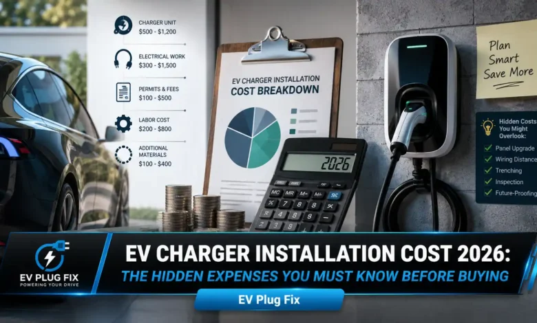 Modern electric vehicle charging in a home garage with a Level 2 wall-mounted charger unit and cable connected to a car, highlighting home charging infrastructure.