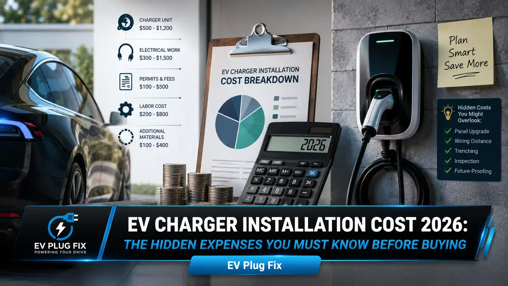Modern electric vehicle charging in a home garage with a Level 2 wall-mounted charger unit and cable connected to a car, highlighting home charging infrastructure.