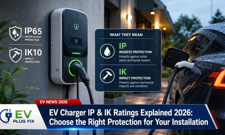 IP and IK ratings comparison chart for EV chargers showing dust water and impact protection levels