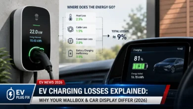 EV charger plugged into a car showing a discrepancy between the wallbox meter reading and the vehicle display screen