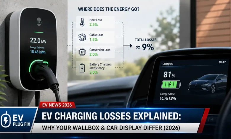 EV charger plugged into a car showing a discrepancy between the wallbox meter reading and the vehicle display screen