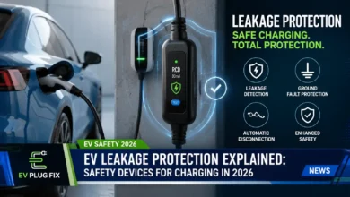 Modern EV charging station with visible leakage protection device and safety signage