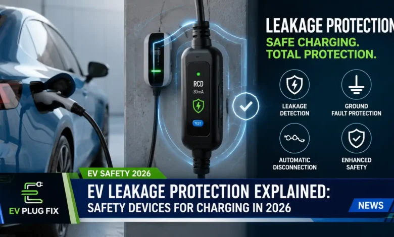 Modern EV charging station with visible leakage protection device and safety signage
