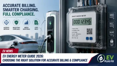 Close up of an EV charging station with an integrated MID energy meter display showing kilowatt hours for accurate billing