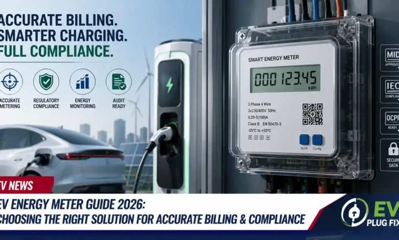 Close up of an EV charging station with an integrated MID energy meter display showing kilowatt hours for accurate billing