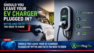 Modern electric vehicle plugged into a home wallbox charger in a clean residential garage, showing the connected cable and status light