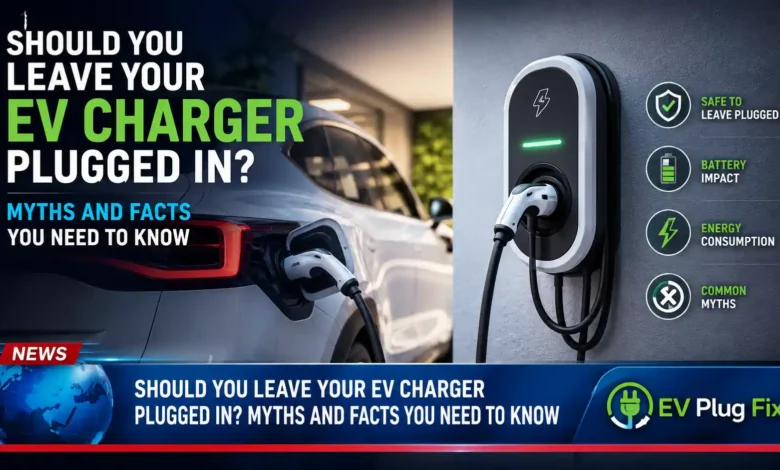 Modern electric vehicle plugged into a home wallbox charger in a clean residential garage, showing the connected cable and status light