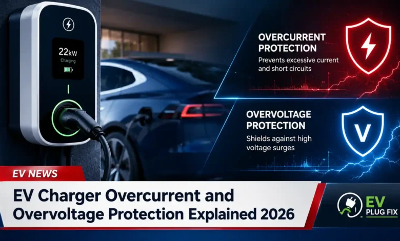 Cutaway illustration of an EV charger revealing internal overcurrent and overvoltage protection circuit boards with fuses and surge suppressors