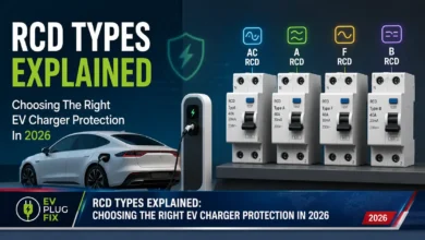 Modern electric vehicle charging station with visible electrical panel and RCD protection device