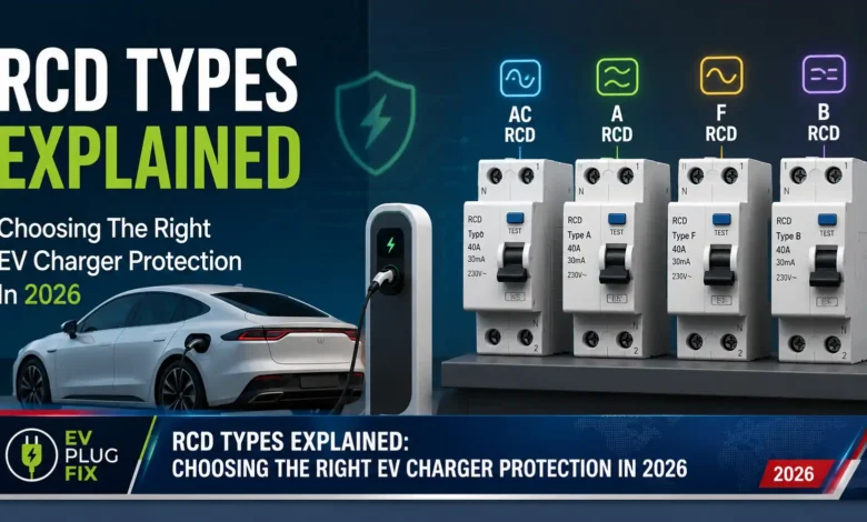Modern electric vehicle charging station with visible electrical panel and RCD protection device