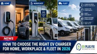 Modern EV charger installation options for home garage, workplace parking lot, and commercial fleet depot in 2026