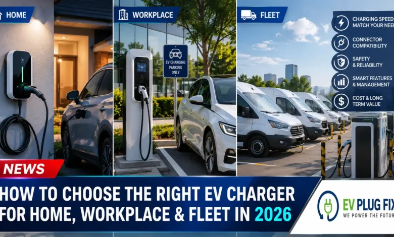 Modern EV charger installation options for home garage, workplace parking lot, and commercial fleet depot in 2026