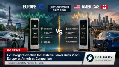 EV charger installation on unstable power grid with surge protection device and voltage regulation display 2026
