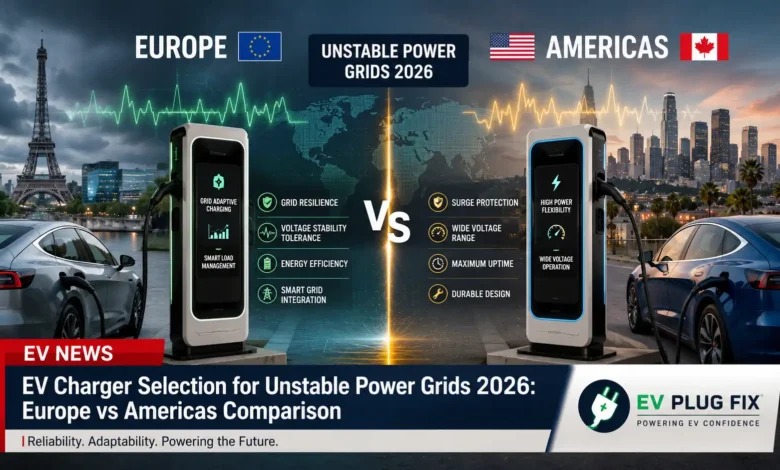 EV charger installation on unstable power grid with surge protection device and voltage regulation display 2026