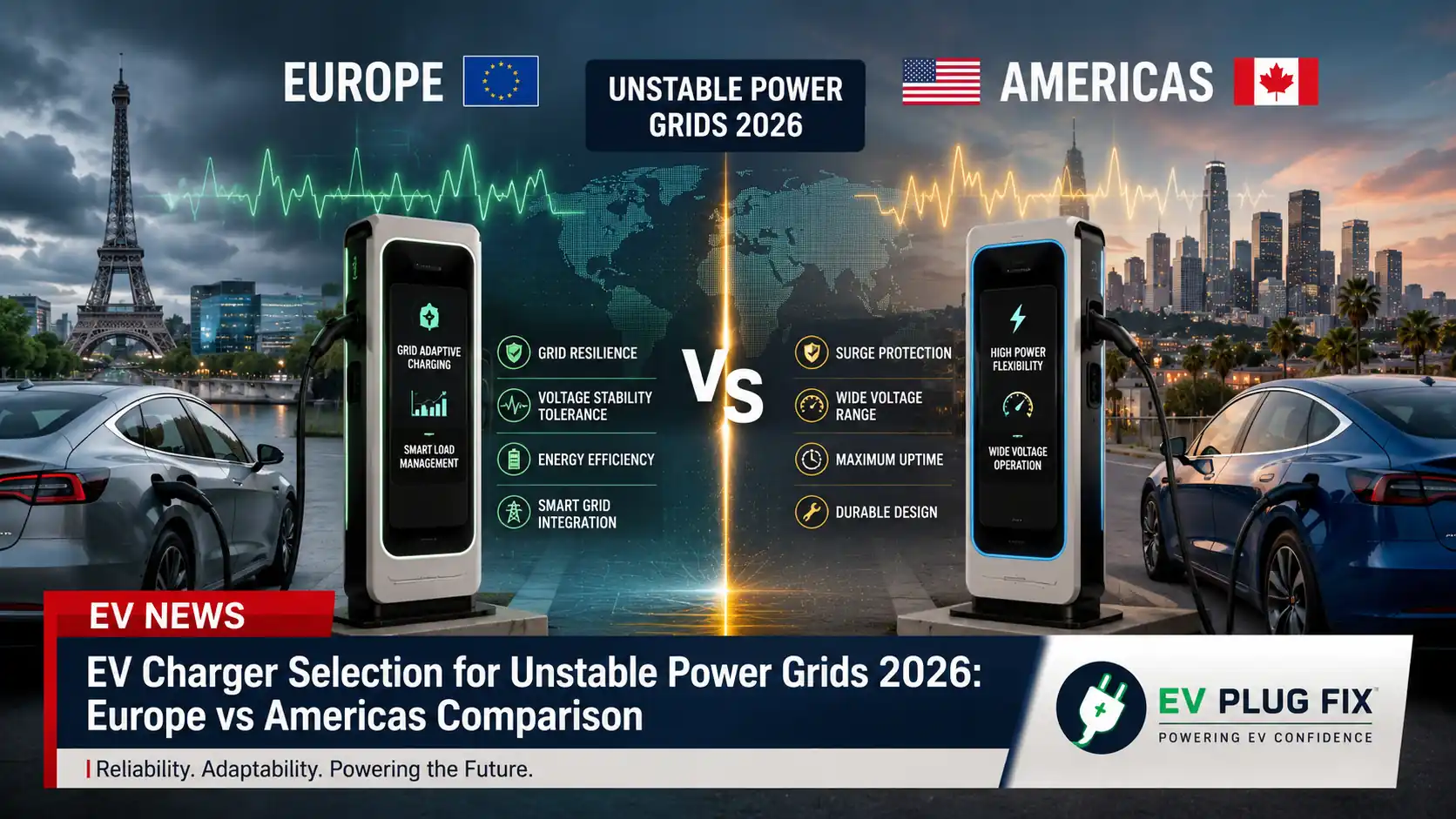 EV charger installation on unstable power grid with surge protection device and voltage regulation display 2026