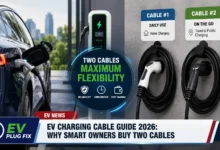 Modern EV charging cable connected to electric vehicle charging port outdoor setup 2026