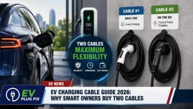 Modern EV charging cable connected to electric vehicle charging port outdoor setup 2026