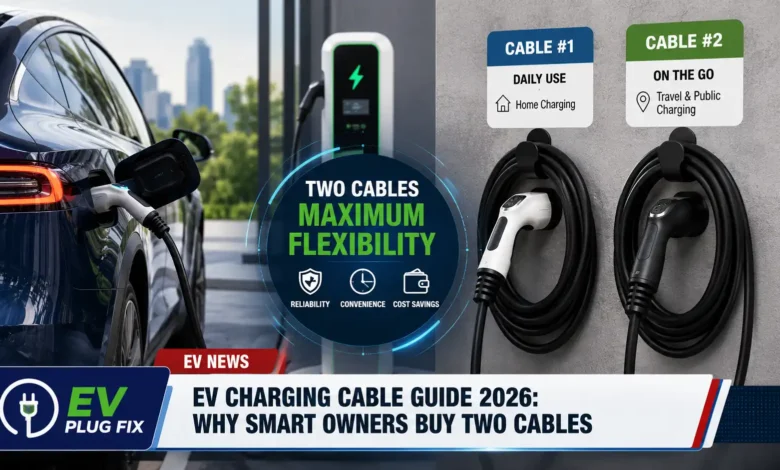 Modern EV charging cable connected to electric vehicle charging port outdoor setup 2026