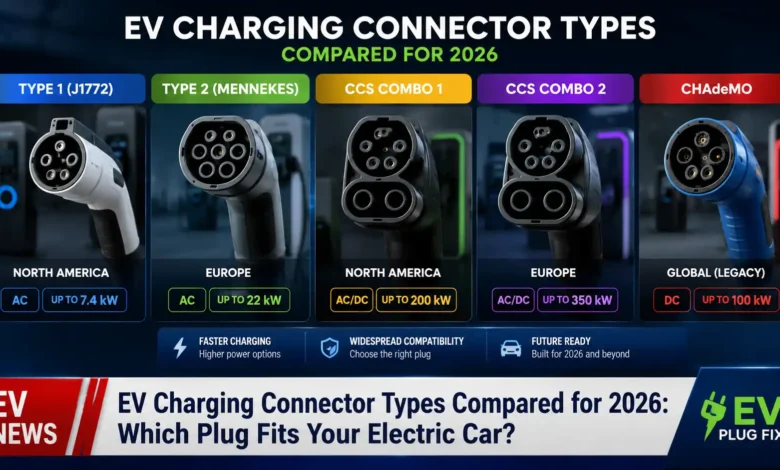 Comparison chart of electric vehicle charging connector types including CCS Type 1, CCS Type 2, CHAdeMO, J1772, Mennekes, GB/T, and NACS Tesla standard for 2026 EV models