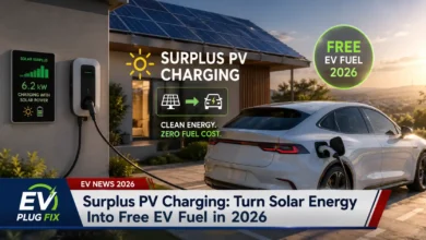 Modern electric vehicle charging at home using surplus solar panel energy with smart charger display showing PV generation