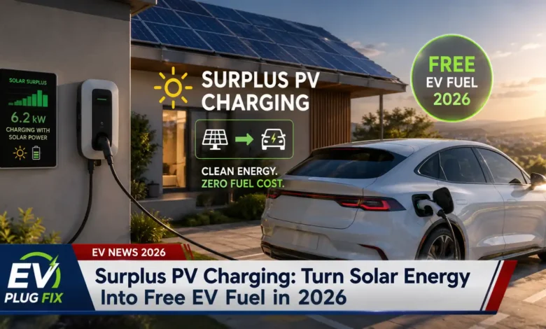 Modern electric vehicle charging at home using surplus solar panel energy with smart charger display showing PV generation
