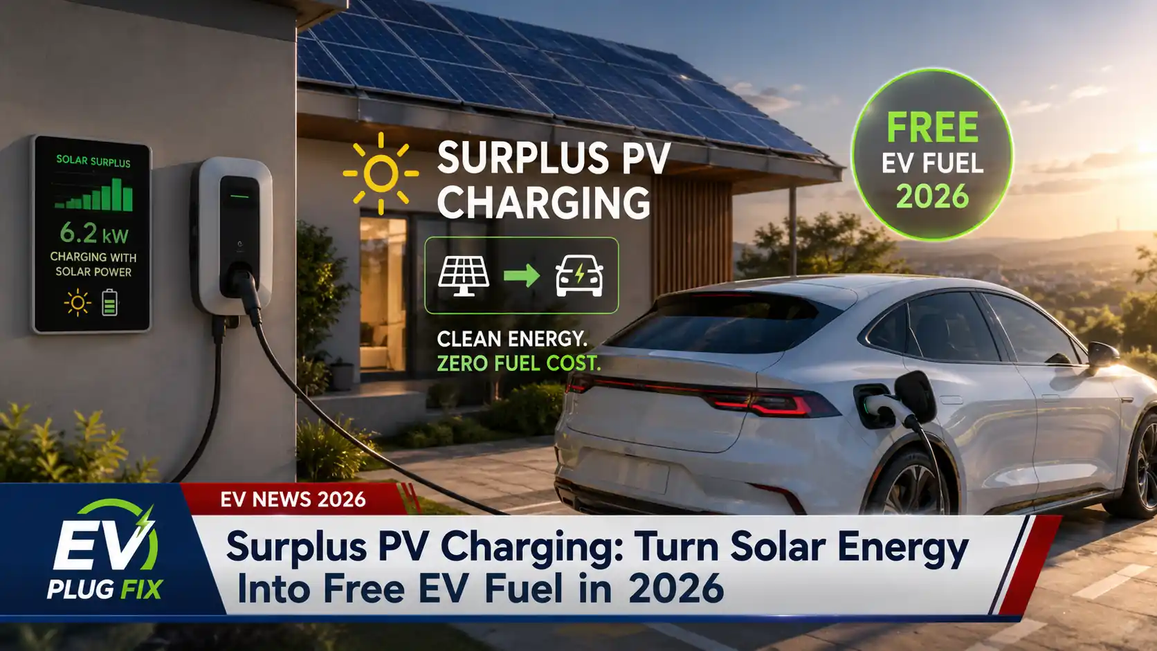Modern electric vehicle charging at home using surplus solar panel energy with smart charger display showing PV generation