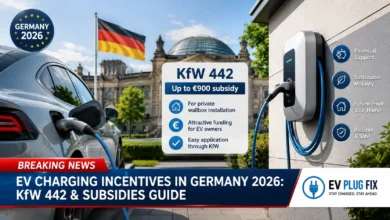Modern electric vehicle charging at a solar-powered charging station in Germany with subsidy grant paperwork