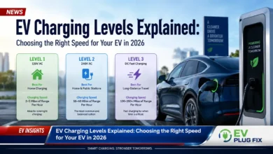 Infographic comparing EV charging levels Level 1, Level 2, and Level 3 with charging speeds and power outputs for electric vehicles 2026