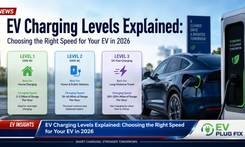 Infographic comparing EV charging levels Level 1, Level 2, and Level 3 with charging speeds and power outputs for electric vehicles 2026