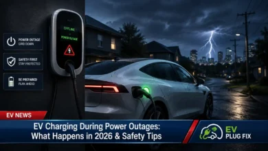 Modern electric vehicle plugged into a home charging station during a power outage with alert indicator