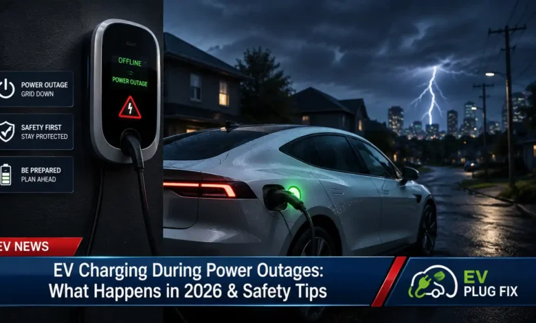 Modern electric vehicle plugged into a home charging station during a power outage with alert indicator