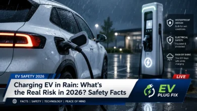 Electric vehicle charging safely in the rain 2026 showcasing waterproof EV charger connection